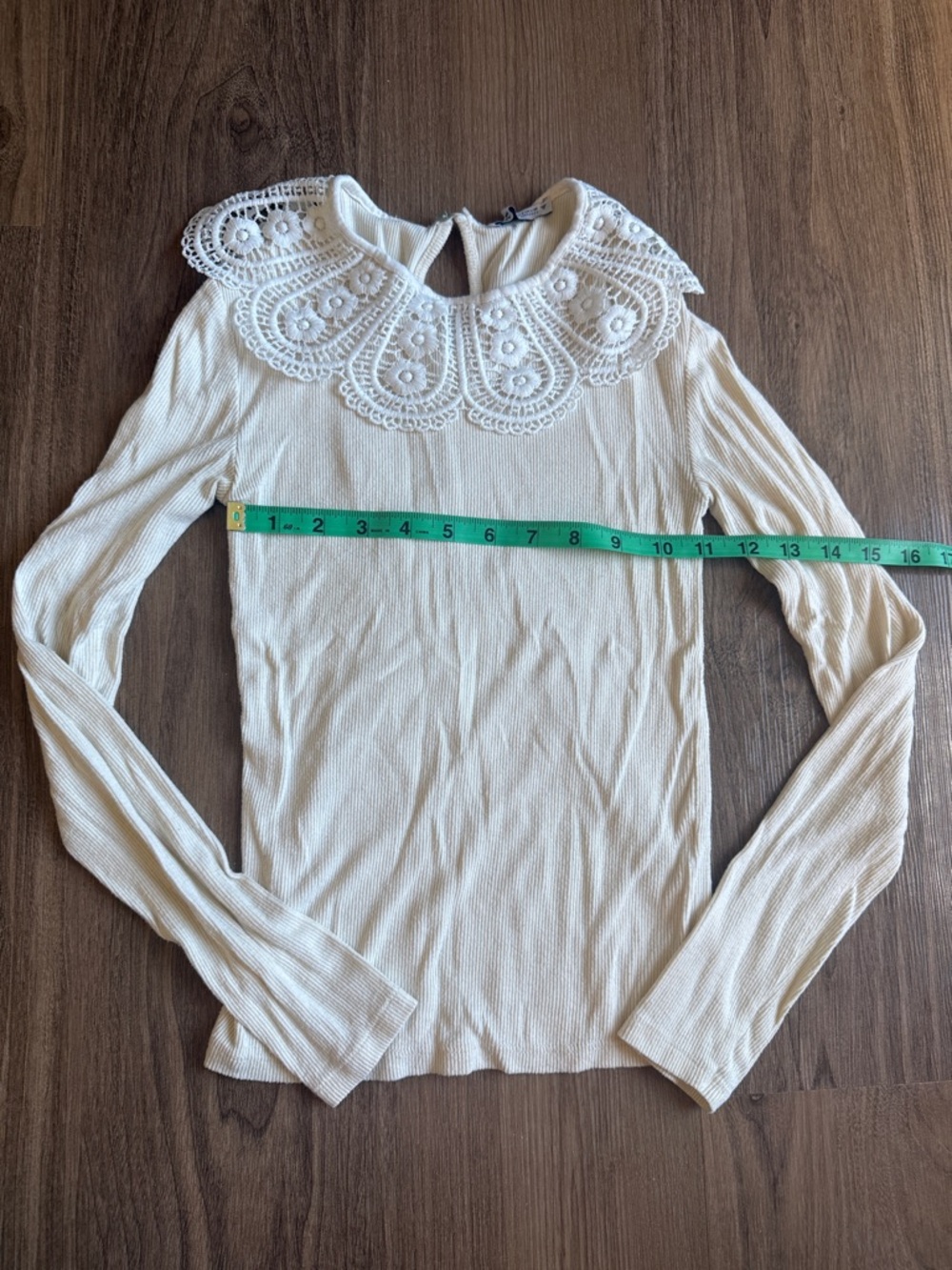Zara Cream Ribbed Long-Sleeve Top with Lace Peter Pan Collar Cottagecore